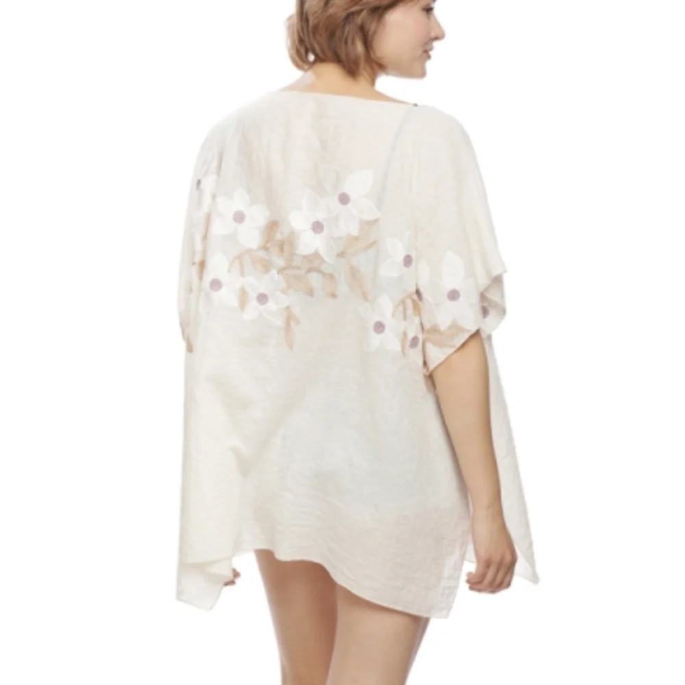 Memories Fashion Ivory Swim Cover Up Poncho with Floral Embroidery One Size